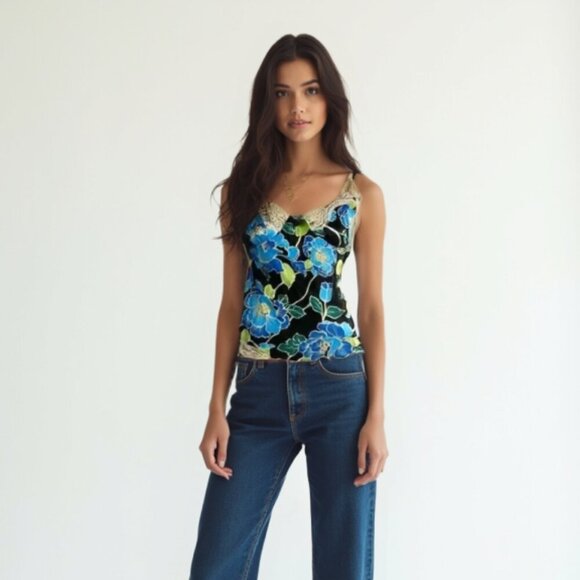 ❤️ MIXIT Floral Lace Trim Camisole Top - Blue and Black petite S - Picture 1 of 10